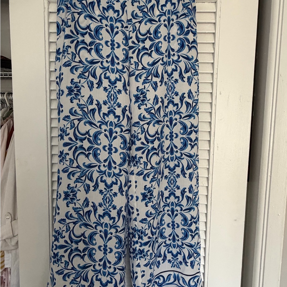 Bwear White Wide-Leg Jumpsuit with Blue Damask Print